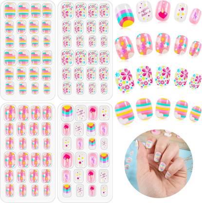Nyamah sales Kids Fake Nails,Press on Pre-glue Nails for Girls Multi