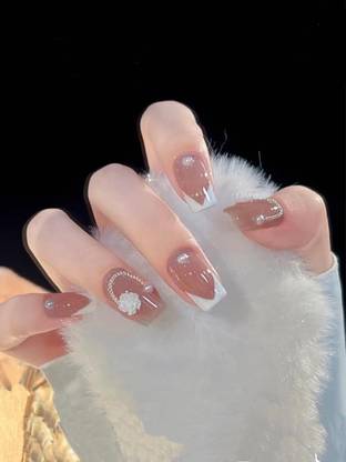 Love Secret Glossy Artificial Fake False Press on Nails Dark Skin Color with 3D Flower Chain & Pearl Design 24 Pieces Set with Kit