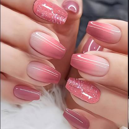 The NailzStation Glitter Artificial nails Designer Acrylic Fake Press on art with glue kit Pink