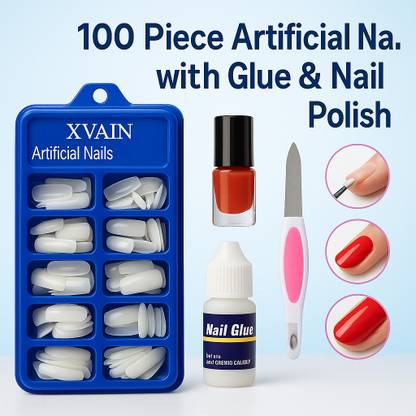 XVAIN Artificial nails with nail polish and 2 piece nail filler, 100 Pcs Reusable Acrylic False Nails With Nail Glue and 2 piece Nail Filler For Women's & Girls White (Pack of 100) WITH DIFFERENT SHAPES AND STYLES WHITE White