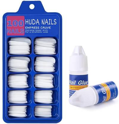 Prettify Beauty Artificial Nails Set Reusable with Glue Acrylic Fake White