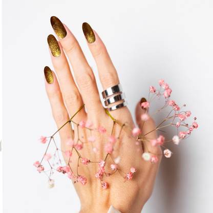 sparkling nailon Handmade reusable gold press on nails Shape:Round Gold
