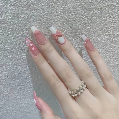 KILLFE Artificial Reusable Heart & Bow Décor Nails Set With Double-side Glue Stickers Pink, White