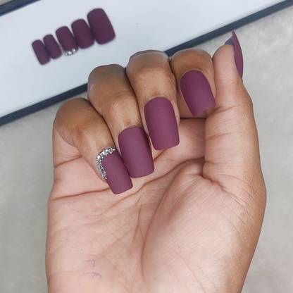 Shhagan Subtle Burgundy Matte Nails with Rhinestone Accent matt burgundy