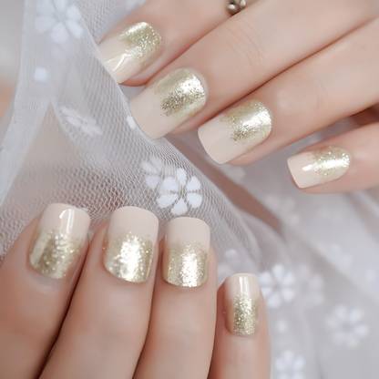 Shhagan Square, Glossy, Golden Glitter Ombre Nails