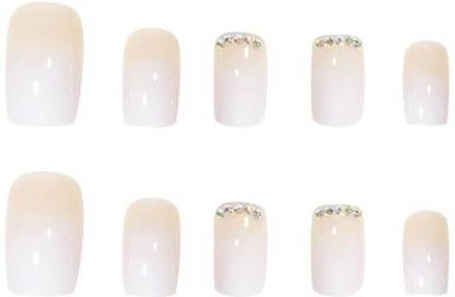 Love Secret Glossy Artificial Fake False Press on Nails White Ombre Color with Cream Color and Studs 24 pieces Set with Kit