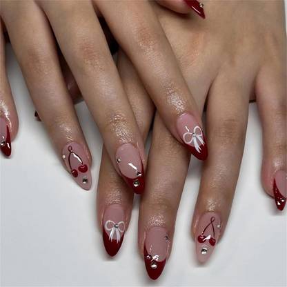 NAKHI 24 Artificial Fake Nail Set | Base Peach colour with maroon tip Glossy Nails Peach