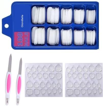 glambelle Artificials Nails with 2pc Nail Filer & 2sheet Nail glue sticker White