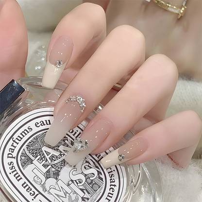 KILLFE Artificial Reusable Nails Heart-Stone Décor With Double-side Glue Sticker White, Light Brown