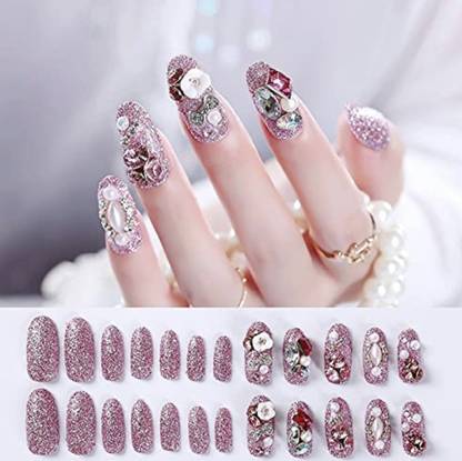 VIKSON INTERNATIONAL PINK STONES STUDDED | LONG ARTIFICIAL FAKE NAILS set pink