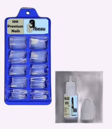 Sarbeau 200-Pcs Artificial Nails Set - 100 White & 100 Transparent and 2 Nail Glue_C_069 Transparent