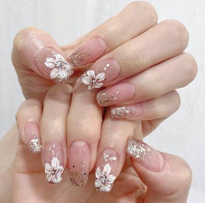 AKISON Short Medium Artificial Nails with Glue Tabs Designer Fake Nails Press on Nails Nude Pink Flower
