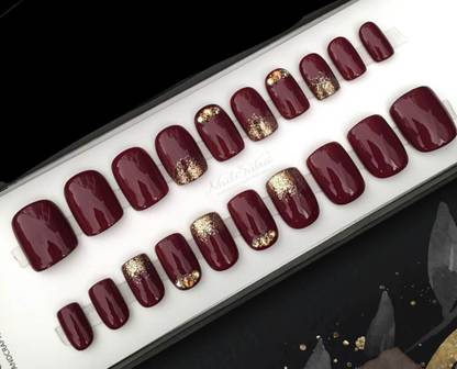 AMOK STORE Press on nail for women's, nail set, false nail tip, nail with glue Maroon