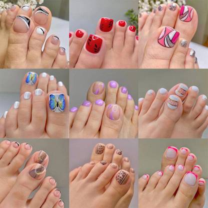 SoFire Toe Nails with Glue, Fake Toenails mix designs pack of 3pc mutlicolour