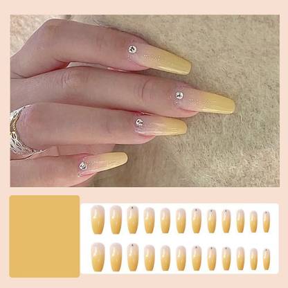 SECRET LIVES Designer Artifical extension nails yellow color semi transparent bottom with stud