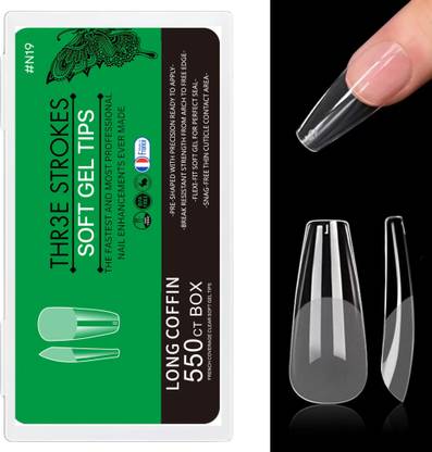 THR3E STROKES Long Coffin Soft Gel Nail Tips | Full Cover Clear Soft Nail Tips for Artificial False Nails Extension | Nail Salons DIY Nail Art with Box (Clear)