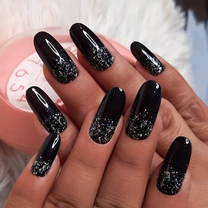 Shhagan Glitter Designer Acrylic Fake Artificial Press on Nails art glue sticker kit Black,silver