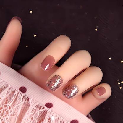 Shhagan Subtle Shimmer Nails skin tone pink, silver glitter