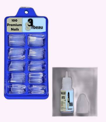 Sarbeau 200-Pcs Artificial Nails Set - 100 White & 100 Transparent and 2 Nail Glue_C_068 Transparent
