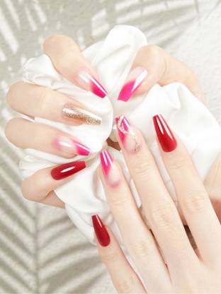 SECRET LIVES Designer artifical fake nail extension redish maroon color with golden glitter design