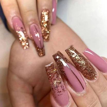 The Pink Truck Set of 24 Artificial Reusable nails in Pink with Golden Coffin style with glue Pink, Golden