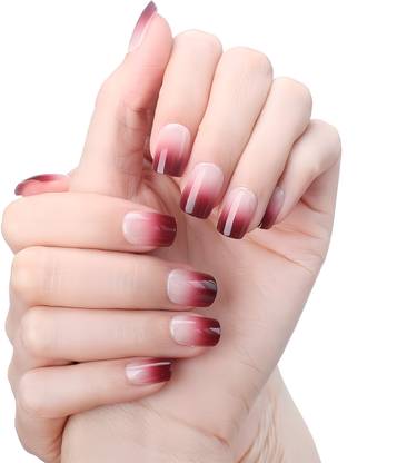 Shhagan Dark Maroon Ombre Fake Artificial Press on Nails Glossy Finish, Square Shape