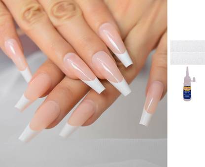 TBUY Long French Coffin False Finger Nails with Nail Glue & Glue sticker Natural Pink