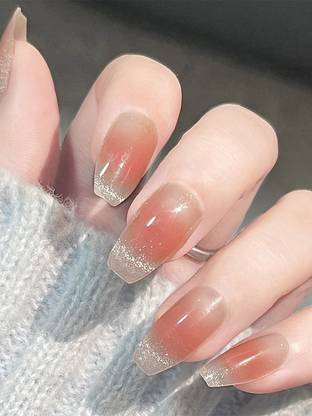 SECRET LIVES Translucent Glossy Cats Eye Artificial 24 Pieces Set with Kit Peach Color with Glitter Tips Design Fake False Press on Nails