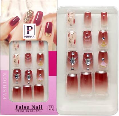Perpaa Artificial Nails Jelly Gel Tape Fake Nails Tabs sticker Double-side Red with Stone