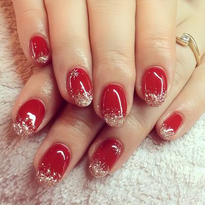 The NailzStation Glitter Artificial nails Designer Acrylic Fake Press on art with glue kit Red, Golden