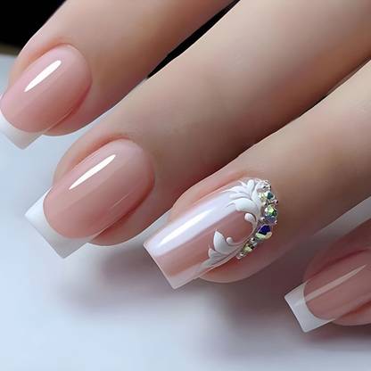 KILLFE Artificial Reusable Stone & White Pattern Décor Nails Set With Double-side Glue White