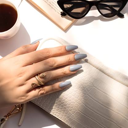 Shhagan Long Coffin (glossy Plain Grey) Designer Press on Nails with Kit Grey