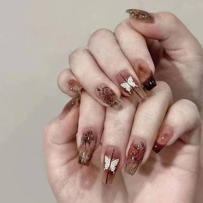 KILLFE Artificial Reusable Nails 24Pcs Set brown color black flower Parten Multicolor