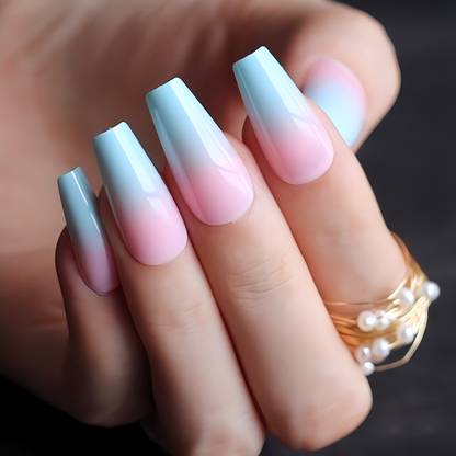 Shhagan Medium Ballerina, Glossy, Sky Blue Ombre Nails