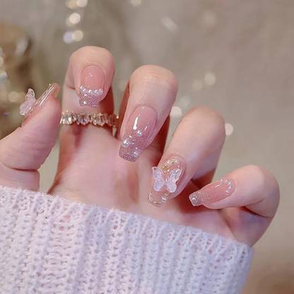 KILLFE Artificial Reusable Nails 24Pcs Butterfly With Double-side Glue Sticker Peach, Pink, Glitter