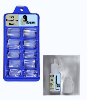 Sarbeau 200-Pcs Artificial Nails Set - 100 White & 100 Transparent and 2 Nail Glue_C_046 Transparent