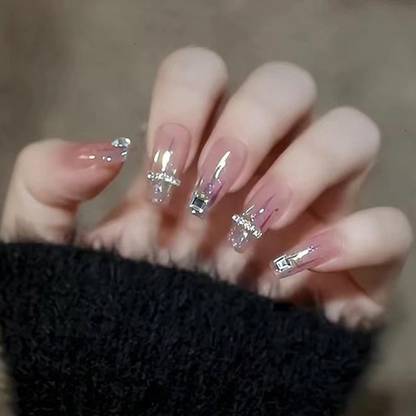 KILLFE Artificial Reusable Stone Décor Long Colorful Nails Set of 24Pcs With Glue Pink
