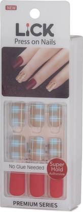 Lick - Press on Nails 12 Pcs Matte Red Acrylic Nails Set Nail Art Artificial/False Nails Extension Matte Red With Checkred Light Blue