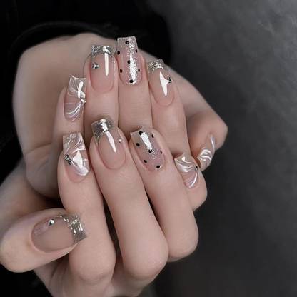 NAKHI 24 Reusable Artificial Fake Nail Set | Lightweight & Long Lasting Peach_goldtip