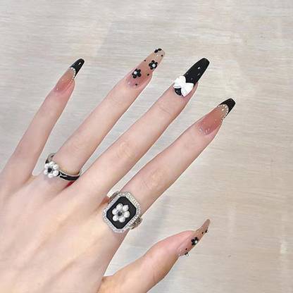 KILLFE Artificial Reusable White Bow & colorful Flower Décor Nails Set With Glue Black,White,Pink