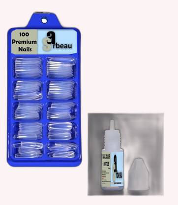 Sarbeau 200-Pcs Artificial Nails Set - 100 White & 100 Transparent and 2 Nail Glue_C_006 Transparent