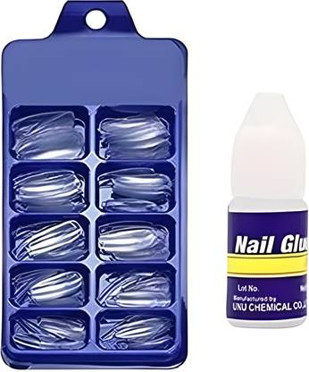 beauty bounty Artificial Transparent 100 Pieces Reusable Fake Nail Tips With Nail Glue.j1 Transparent