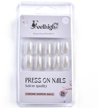 feelhigh 24 Press On Chrome Mirror Finish Nails Tips Natural Reusable Stick on Nails 01 white pearl