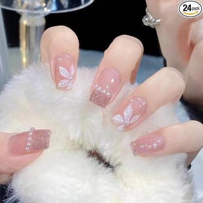 The Pink Truck Set of 24 Artificial Reusable nails in Rose with pearls and flower print Rose