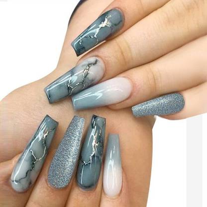 SECRET LIVES Designer artificial nails extension blueish grey marble design with silver blueish grey glittery