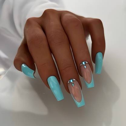 Shhagan Studded French Fake Artificial Press on Nails Glossy Finish, Long Square Shape, Blue