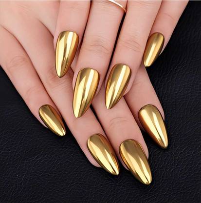 The NailzStation Artificial Nails with Glue Designer Chrome Fake Press on Nails Golden