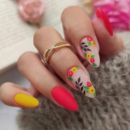 Love Secret Glossy Matte Artificial Fake False Press on Nails Mango & Red Color with Black and Green Leaves Design 24 Pieces Set with Kit