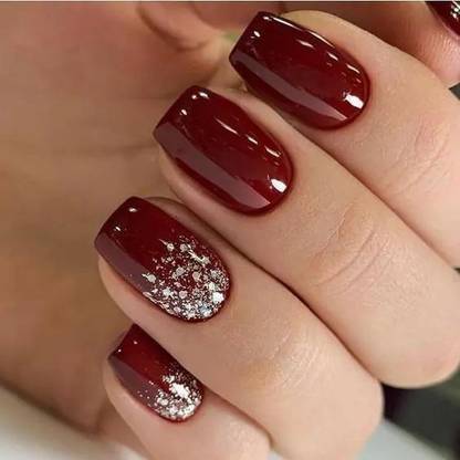 The Unique Square glitter artificial nails Red wine color