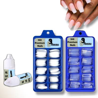 Sarbeau 200-Pcs Artificial Nails Set - 100 White & 100 Transparent and 2 Nail Glue Combo Transparent, White